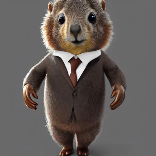 Image similar to a cute anthro brown marmot in a tuxedo while holding a pencil, digital art, trending on art station, 3 d artistic render, octane, blender, cartoon, shadows, lighting