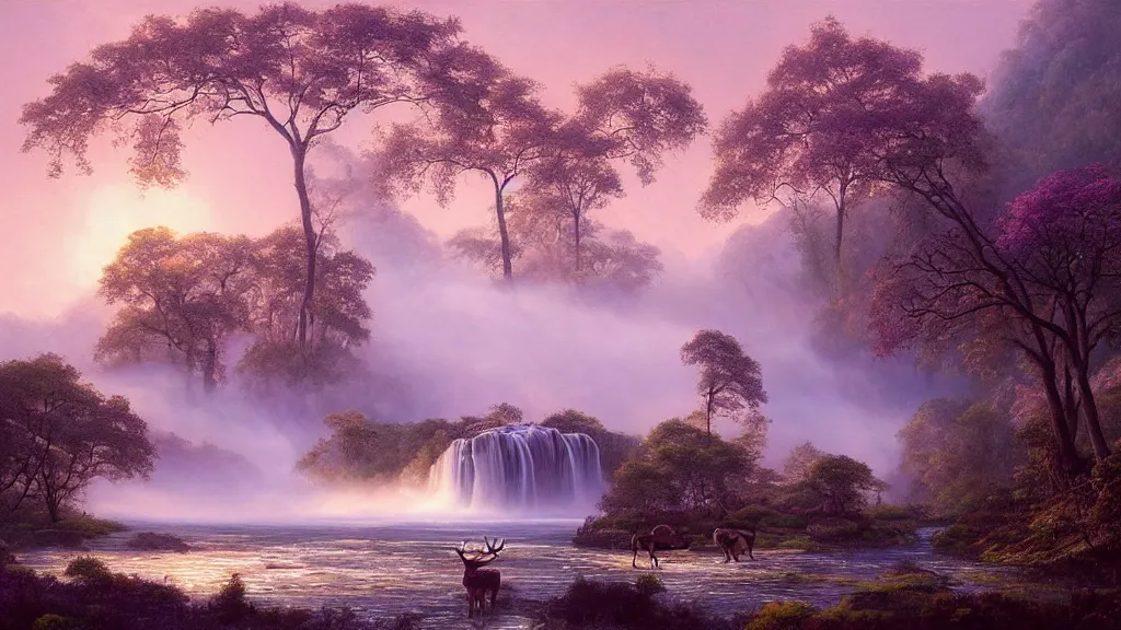 Prompt: the most beautiful panoramic landscape, oil painting, where a giant dreamy waterfall creates a river, the trees around are starting to bloom in pink and purple colors, a majestic deer is in close - up and it is under a giant tree while it is exhaling steam, the ray lights of the sunrise are brightening him, by greg rutkowski