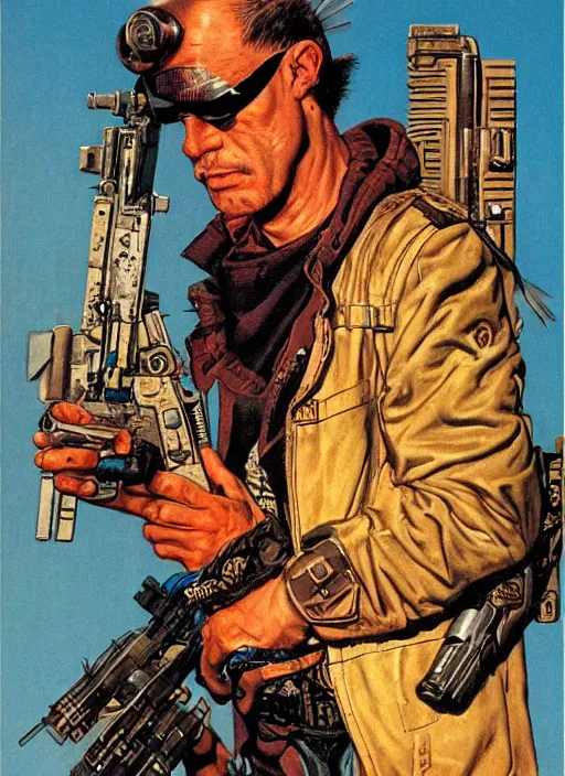 Image similar to cyberpunk mercenary. portrait by clyde caldwell and jean giraud and anton otto fischer and john philip falter and will eisner and gil elvgren