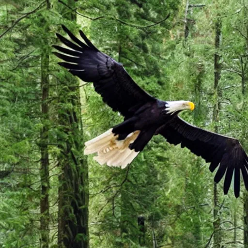 Prompt: black eagle flying over a forest