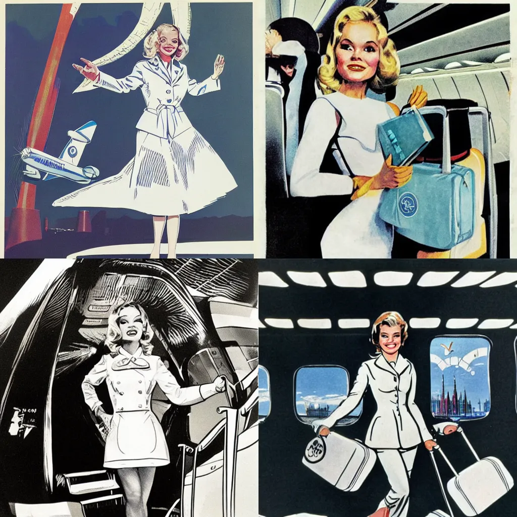 Prompt: Tuesday Weld as a stewardess on Pan Am flight to the Moon, concept art by Mort Drucker and Bill Ward
