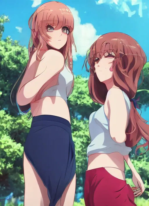 Image similar to two beautiful women under a blue sky, casual summer clothes, gorgeous faces, thick lines, cinematic lighting, detailed anime art