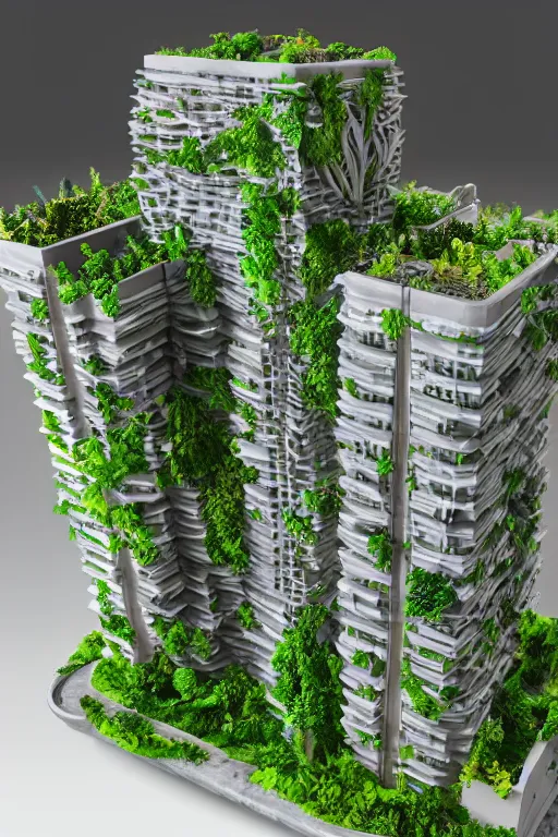 Image similar to 3 d printed physical model organic flowy including more than one city into one vertical building model that sits on a table in a room with a view back, multiple stories, with lush vegetation, colorful, 8 0 k, octane render, highly detailed 3 d render,