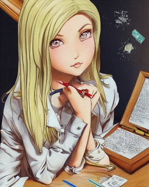 Image similar to illustration depicting a wealthy young mischievous female prep school student with medium length bright blonde hair and pale skin, in an old study room smoking her dad's cigarettes, complex artistic style, color ink pen illustration, subtle detailing, illustrated by Artgerm and Range Murata.