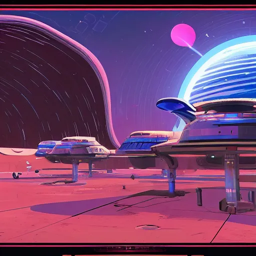 Image similar to a spaceport in no man's sky styles : cloisonnism, syd mead, moebius