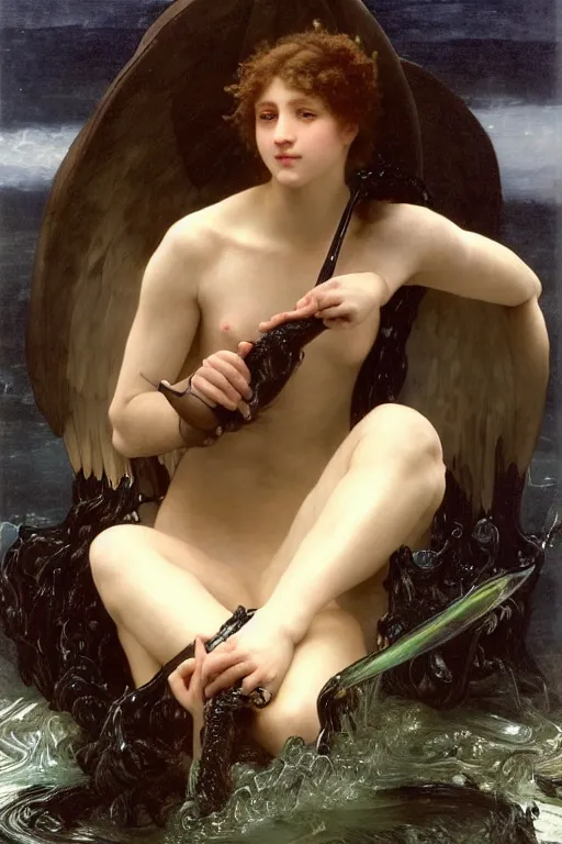 Image similar to hyperrealist highly detailed english medieval portrait of high fashion archangel swimming in black giant ferrofluid liquid ocean, Art by William Adolphe Bouguereau,, Art by William Adolphe Bouguereau,, by Annie Swynnerton and Tino Rodriguez and Maxfield Parrish, elaborately costumed, rich color, dramatic cinematic lighting, extremely detailed, radiating atomic neon corals, concept art pascal blanche dramatic studio lighting 8k wide angle shallow depth of field, Art by William Adolphe Bouguereau, extreme detailed and hyperrealistic