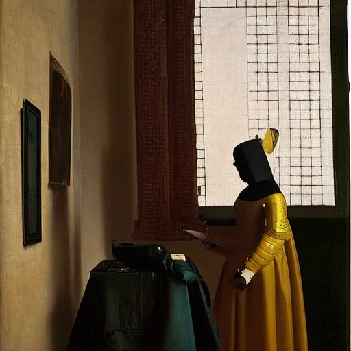 Prompt: painting of a female android royalty by Vermeer, Dutch Golden Age