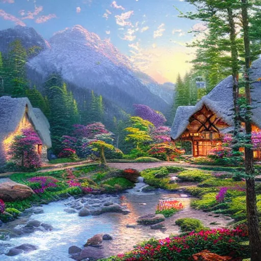 Prompt: A Cabin next to a crystal-clear mountain river, by Thomas Kinkade