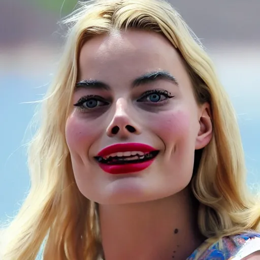 Image similar to a portrait of Margot Robbie blowing a kiss, detailed face