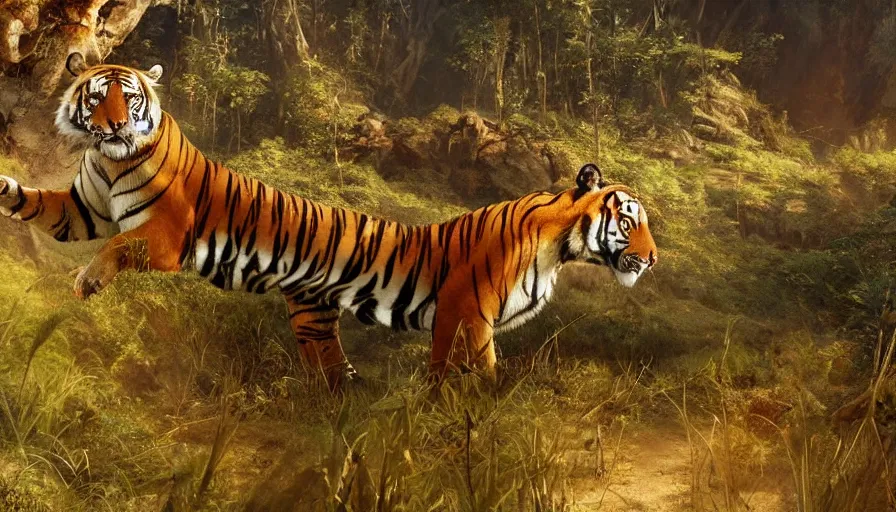 Prompt: hunting a tiger, plants environment, wide angle, establishing shot, cinematic lighting, atmospheric, realistic, octane render, highly detailed, color graded, matte painting in the style of craig mullins