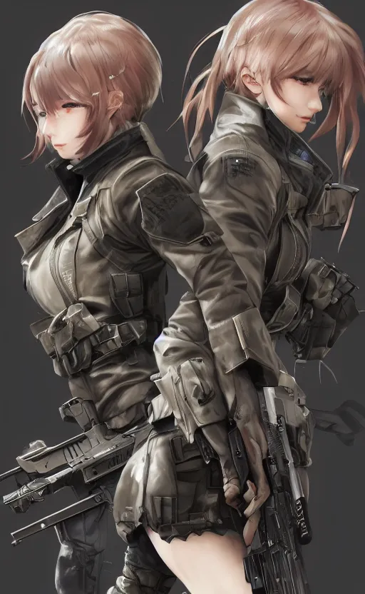 Prompt: highly detailed, high resolution, character design art, stunning, volumetric lightning, realistic guns, girls frontline style, matte, sharp focus, 130mm, illustration, artstation, by yusuke kozaki, professional result, realistic human anatomy, simple design, realistic military gear, metal gear style, realistic face