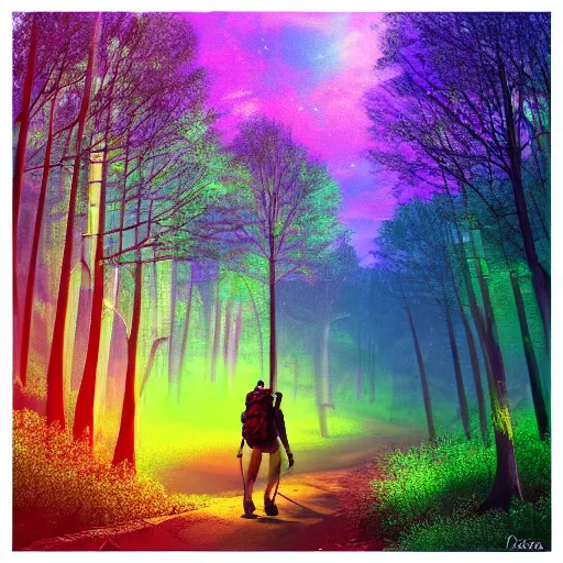 Prompt: highly detailed digital art of a backpacker hiking through a neon forest, trending on artstation