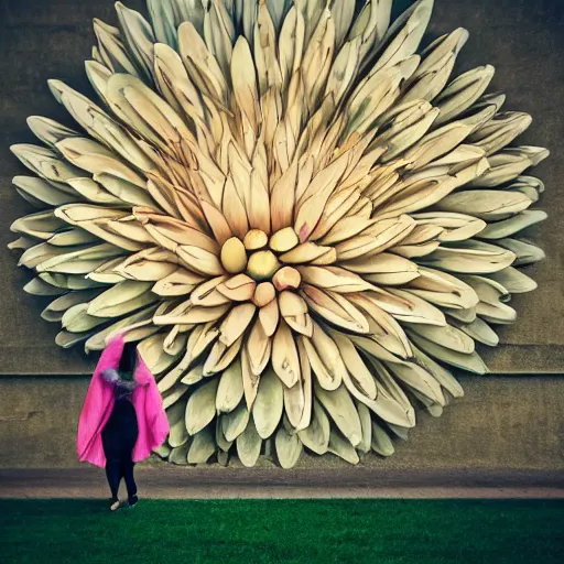 Image similar to giant flower head, woman walking, surreal photography, cinematic, symmetry, flat space, fanciful, bright, detailed, wes anderson