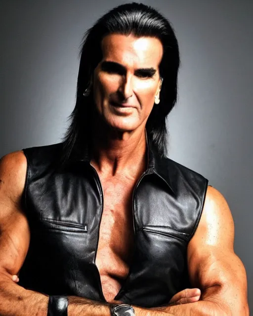 Prompt: photo of fabio lanzoni with black hair and a five o clock shadow wearing a black black leather vest, shirtless, dark cargo pants 9 9 9 9 9 9 9 9 9