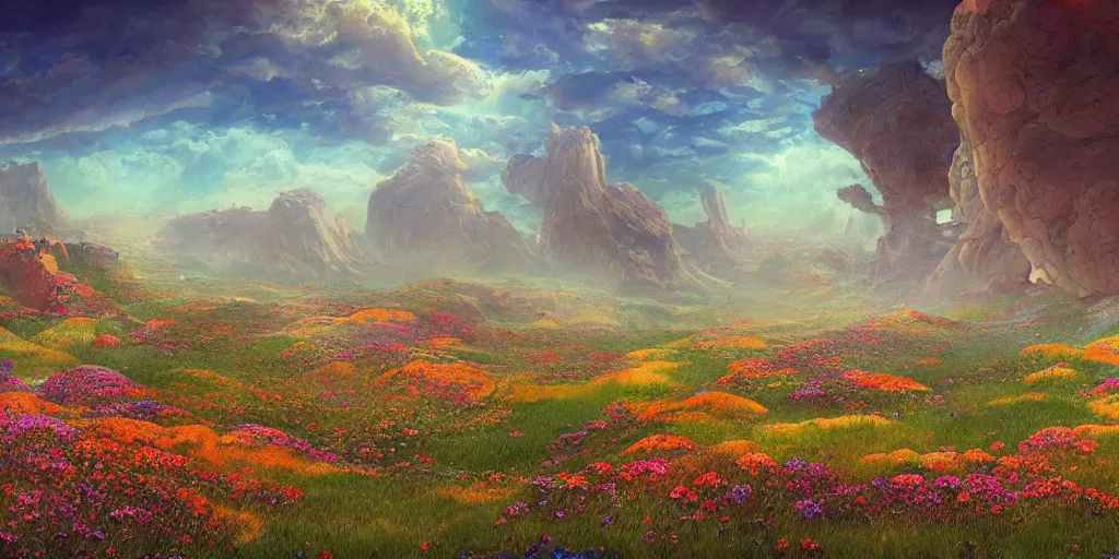 Image similar to backyard garden, in the valley of the wind. Digital art, big scale landscape. Colorful flowers and fields. High angle. Canyons. Clouds. Highly detailed, artstation. In style of Beksinski.