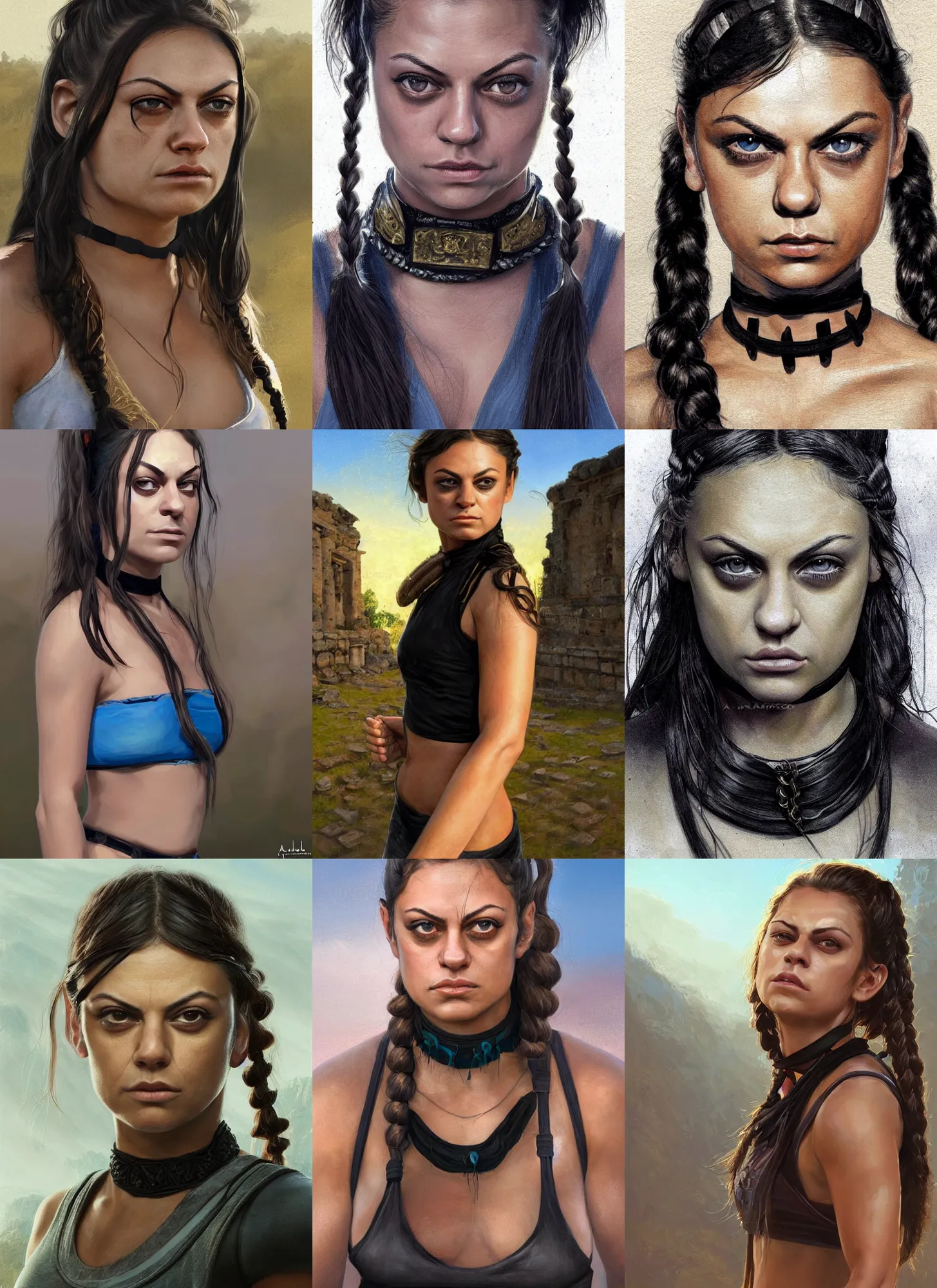 Image similar to portrait of young very muscled Mila Kunis with pigtails hair and bright blue squinting eyes looking directly into the camera, mouth slightly open, wearing intricate black choker, walking sweaty out epic ancient ruins, golden hour, elegant style, highly detailed, centered, sharp digital painting, artstation, concept art, smooth, sharp focus, illustration, Allan Lee, John Howe