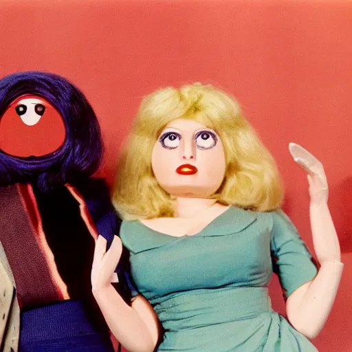 Prompt: 1970 woman on tv show with a long prosthetic nose, prosthetic eyeballs, wearing a dress on the hillside 1970 color archival footage color film 16mm holding a hand puppet Fellini Almodovar John Waters Russ Meyer Doris Wishman