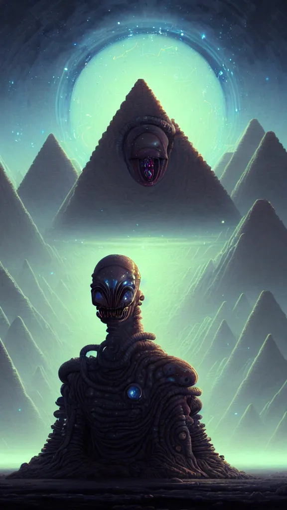 Image similar to full - face close - up portrait, your mom is a cosmic horror by bruce brenneise and peter mohrbacher, alien ancient ruins in background, giant stone pyramids in the distance, on an alien planet with craters, 3 d render, neosurrealism. digital concept art, pixel art, rendered in octane, trending on cgsociety, trending on artstation