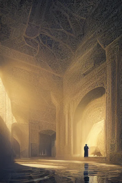 Image similar to inside a luxurious and leafy babylonian palace, portrait, powerfull, intricate, elegant, volumetric lighting, scenery, digital painting, highly detailed, artstation, sharp focus, illustration, concept art, ruan jia, steve mccurry