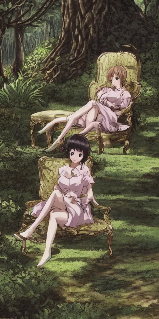 Image similar to landscape shot of a highly detailed queen sitting by herself on a sofa in a forest, drawn by CloverWorks, elegant, beauty,