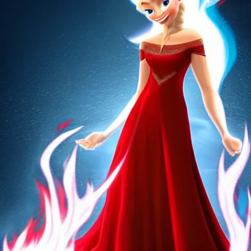 Prompt: elsa with fire powers wearing a red dress