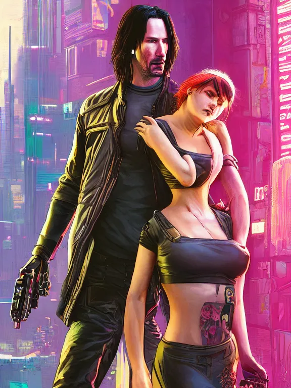 Image similar to a cyberpunk 2077 couple portrait of Keanu Reeves and V,love story,film lighting,by laurie greasley,Lawrence Alma-Tadema,William Morris,Dan Mumford,trending on atrstation,FAN ART,full of color,Digital painting,face enhance,highly detailed,8K, octane,golden ratio,cinematic lighting