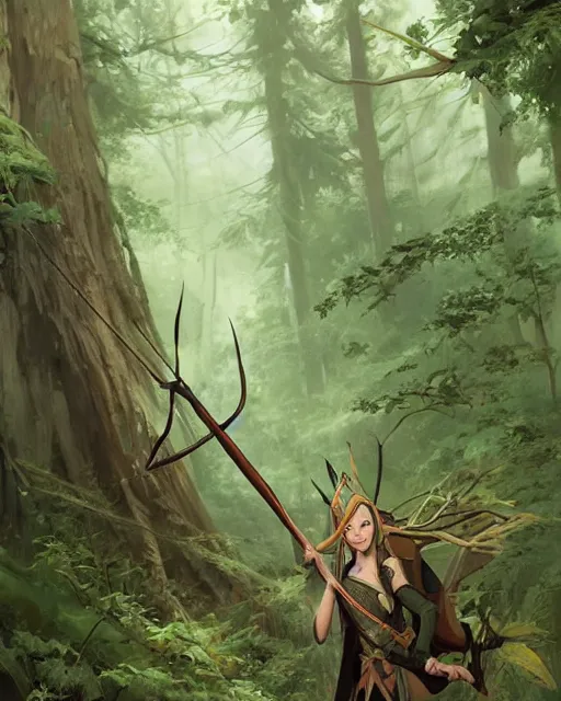 Image similar to an elven hunter standing in the woods holding a bow, wearing a tribe hunting outfit. green, luscious, overgrown forest. By Makoto Shinkai, Stanley Artgerm Lau, WLOP, Rossdraws, James Jean, Andrei Riabovitchev, Marc Simonetti, krenz cushart, Sakimichan, D&D trending on ArtStation, digital art.