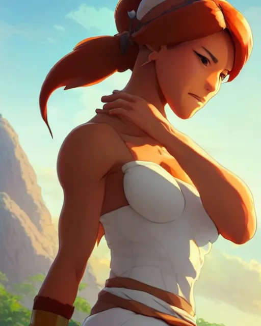 Prompt: ginger tanned woman in a prehistoric outfit, by artgerm, hair tied in a ponytail, white background, by studio muti, greg rutkowski makoto shinkai takashi takeuchi studio ghibli