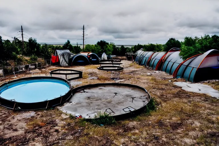 Image similar to post apocalyptic empty over grown swimming pool being used as shelter, barrel fires and tents