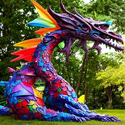 Image similar to rainbow dragon hyperblast art by ed binkley and bordalo ii and john chamberlain and craola, highly detailed