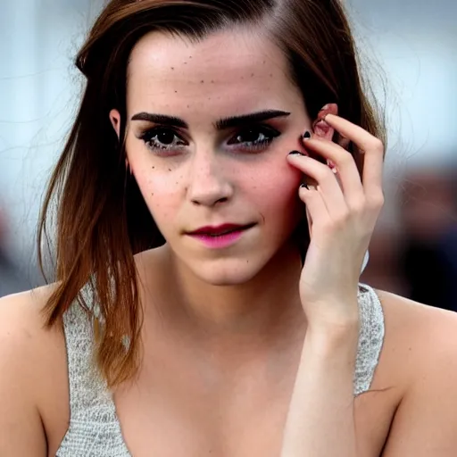 Image similar to a woman who is a combination of emma watson and kim kardashian, close - up