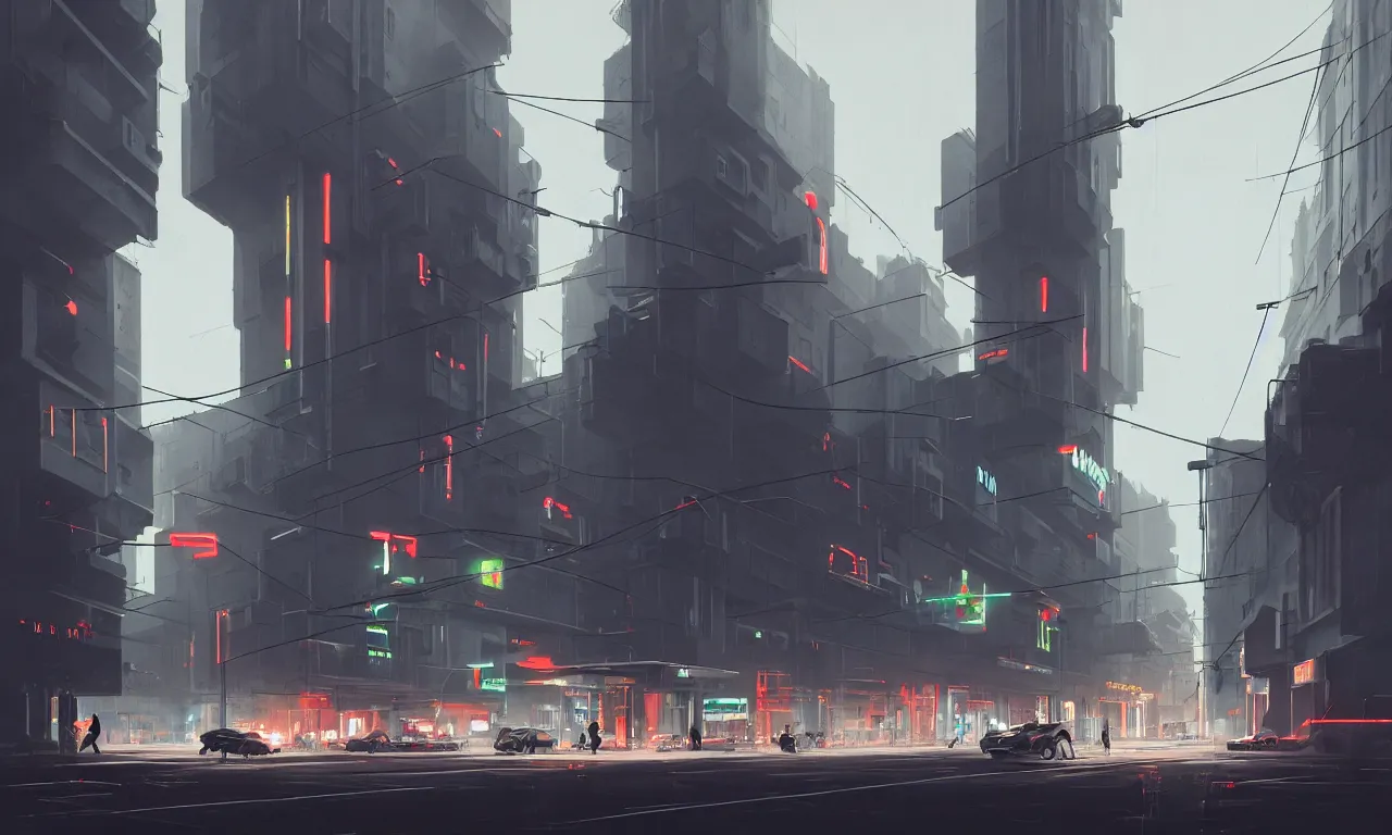 Image similar to streetscape, simple brutalist architecture, white neon lighting, neon signs, flying vehicles, pedestrians, greg rutkowski, syd mead, ralph mcquarrie, concept art, matte painting, finely detailed, minimal artifacts, rule of thirds, dynamic lighting, cinematic, detailed, denoised, centered