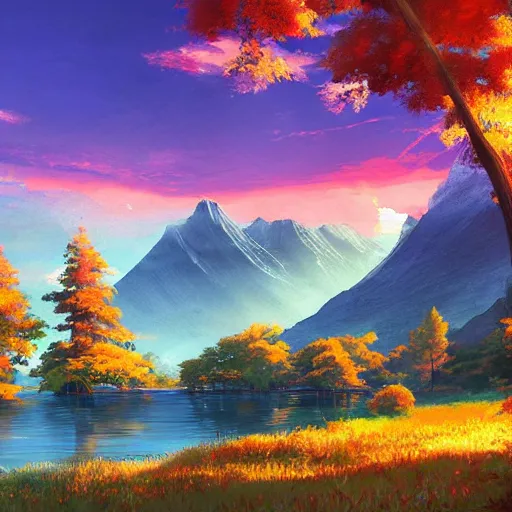 Image similar to a masterpiece detailed beautiful landscape, trees, lake, mountains, golden hour, sunset, by Makoto Shinkai