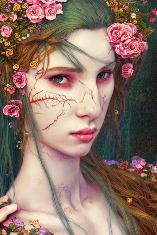 Image similar to portrait of beautiful young mainem, warhammer, cyber style, a lot of more scars, more and more flowers, the middle ages, highly detailed, artstation, illustration, artgerm sylvari portrait, 8 k quality, art by gustav klimt