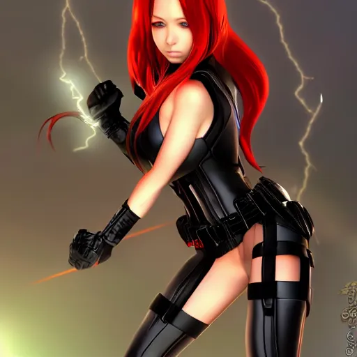 Prompt: black widow render as a very beautiful 3d anime girl, hot petite, long braided hair, hazel eyes, full round face, short smile, cinematic lightning