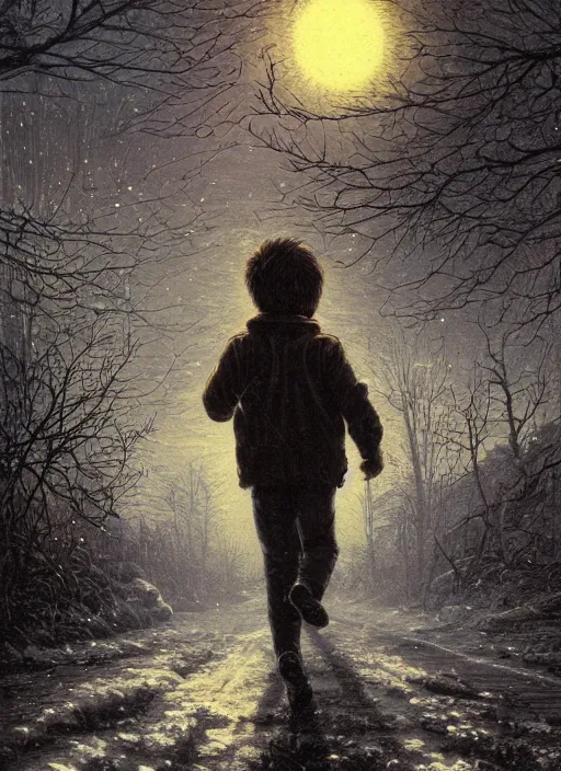 Image similar to landscape scene of a child running down the street of an abandoned town, Silent Hill, winter scene fantasy, fireflies, torch light, scary creatures in background, intricate, elegant, highly detailed, centered, smooth, sharp focus, Donato Giancola, Joseph Christian Leyendecker, WLOP, Boris Vallejo, Artgerm