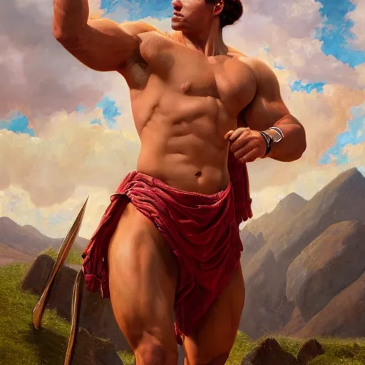 Image similar to the ultimate Peruvian gigachad, muscular man, oil on canvas artstation by J. C. Leyendecker and Edmund Blair Leighton and Charlie Bowater octane render