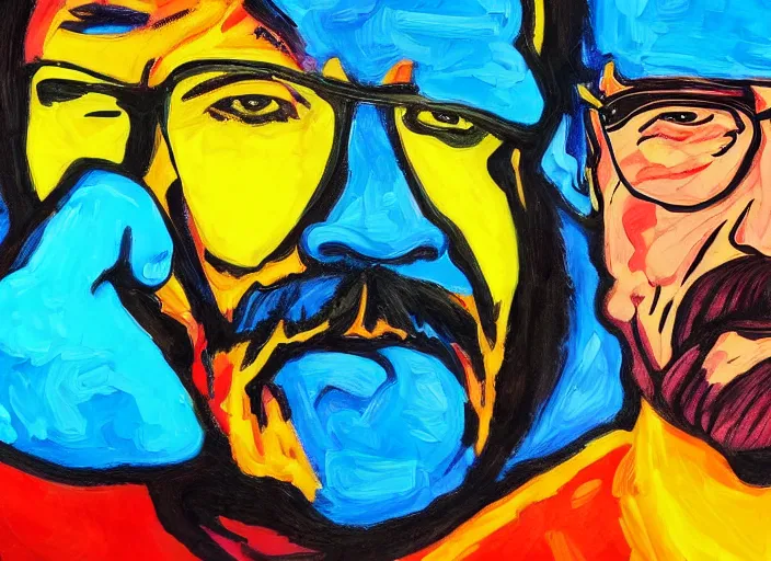Prompt: expressionist painting of walter white on a motorbike, dynamic perspective, expressionist, colorful, clean, close up