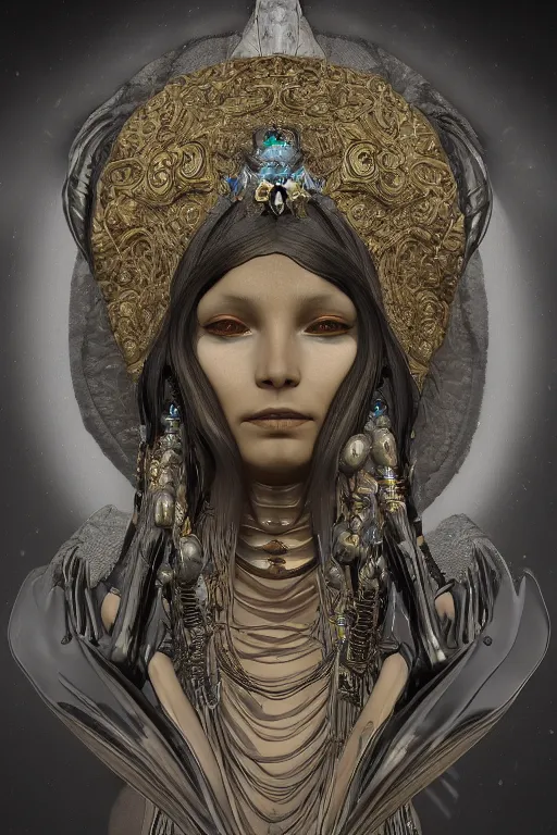 Prompt: a realistic dark photo of a beautiful ancient alien woman goddess in jewelery and fractals in style of alphonse mucha art nuvo dmt trending on artstation made in unreal engine 4