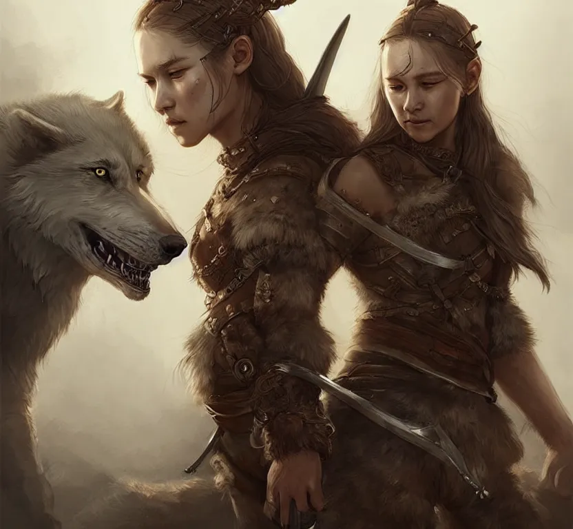 Image similar to a gorgeous!! woman resembling alicia vikander as a battle - worn viking warrior accompanied by a dire wolf | drawn by wlop, drawn by jeehyung lee, drawn by argerm | intricate, highly detailed, ultra graphics, digital painting, artstation