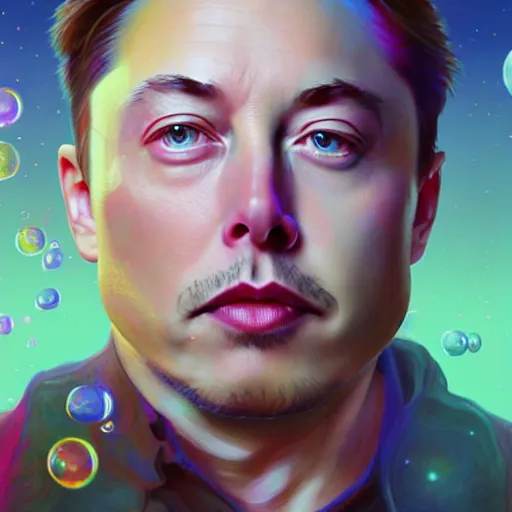 Image similar to dream portrait of Elon Musk, dreamy and ethereal, expressive pose, big pink eyes, exciting expression, fantasy, intricate, elegant, many rainbow bubbles, rose tones, highly detailed, digital painting, artstation, concept art,cyberpunk wearing, smooth, sharp focus, illustration, art by artgerm and greg rutkowskiand alphonse mucha,Salvador Dali.