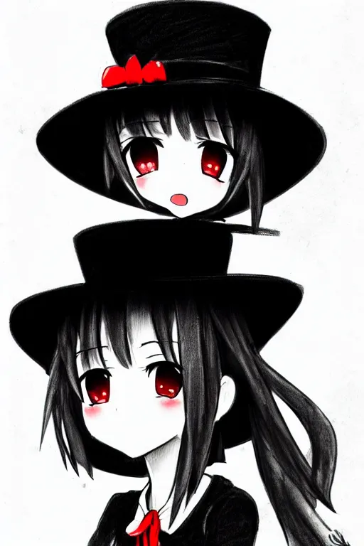 Image similar to highly detailed, cute loli in a tall black top hat, red bow, face profile, pencil sketch, gray scale, anime style