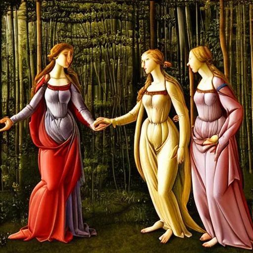 Prompt: Three maidens, blondes, standing in the woods, Botticelli style photorealism