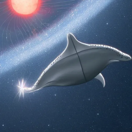 Prompt: whale spaceship flying near a red dwarf star