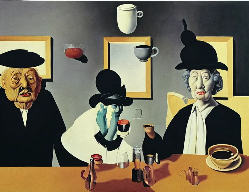 Prompt: a painting of a strange dusty professor in black suite and hat and a old woman making a study of drinking ten cups of black coffee in five seconds in a kitchen that is melting dali, styled by rene magritte