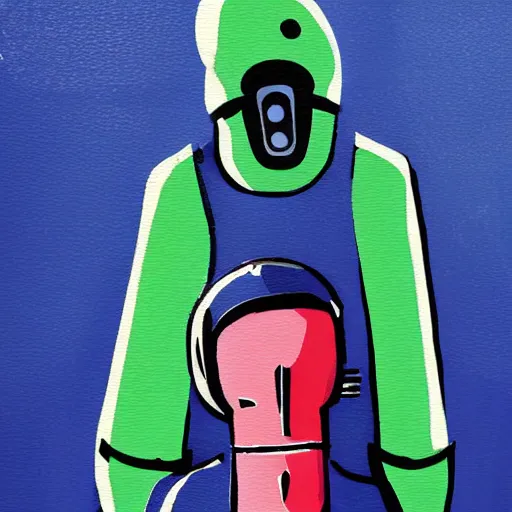 Image similar to teenager wearing a futuristic boiler suit and gas mask, stylised painting