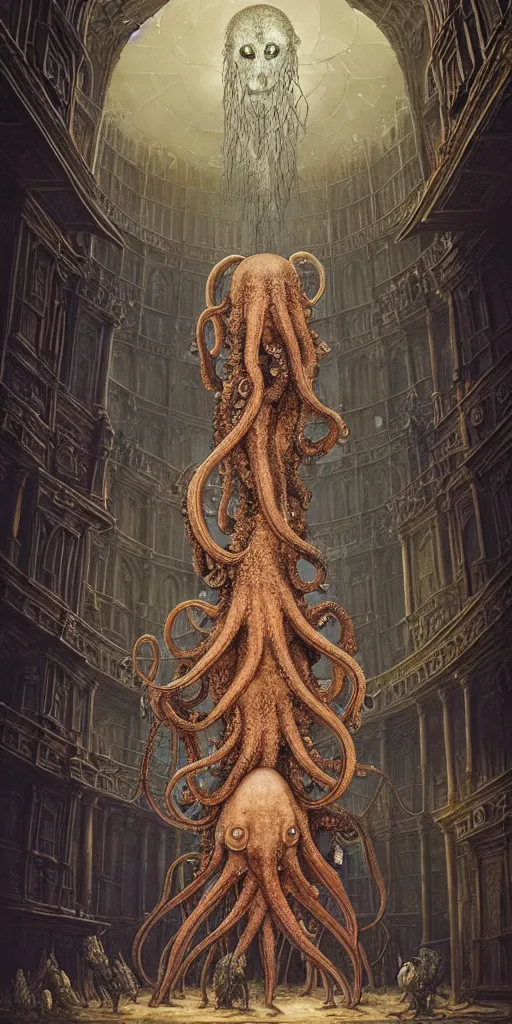 Image similar to group of mankind species mages with big octopus heads and a lot of translucent jellyfishes floating around inside an ancient mage castle hall colossal scale, gothic and baroque, brutalist architecture, ultradetailed, Intricate by Ellen Jewett and Josan Gonzalez and Giuseppe Arcimboldo