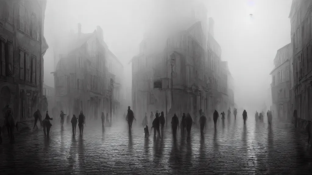 Image similar to a crowd of people on street of the old town with houses in the windows of which the light is on. early morning, fog on ground, wet street. mike barr painting. volumetric light, dull colors, dark, noir arthouse, 3 5 mm, hight detalied, hd, 4 k