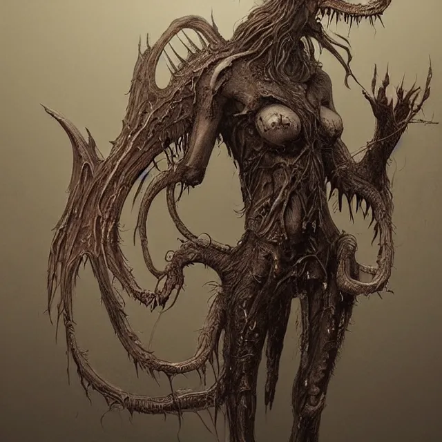 Prompt: concept art of a impossible big demonic eldritch angel with mismatched animal features with her bloody mouth open wide revealing past victims in the style of zdzisław beksinski in the style of h. r. giger trending on artstation deviantart pinterest furaffinity detailed realistic hd 8 k high resolution