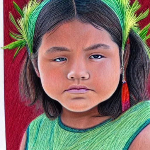 Image similar to a beautiful first nation girl, ultra detailed colored pencil drawing in style bellerose and desjarlais,